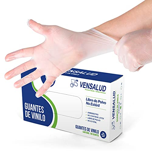 VENSALUD | Gants jetables en VINYLE | Sans poussière | Résistant | Pour laboratoires, sanitaires, cuisine, studios de tatouage, vétérinaire, nettoyage | Sans latex | 100 pcs. | Semi-blanc | Taille M