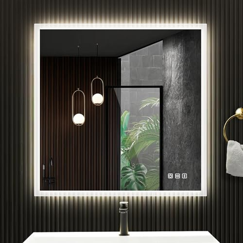 S'bagno Badspiegel-mit-Beleuchtung 80x80cm, Badezimmer-Spiegel-mit-Beleuchtung und Entfoggen, Bluetooth, 3 Farbtemperaturen, IP44-Led-Spiegel-Bad mit Speicherfunktion, Horizontal/Vertikal