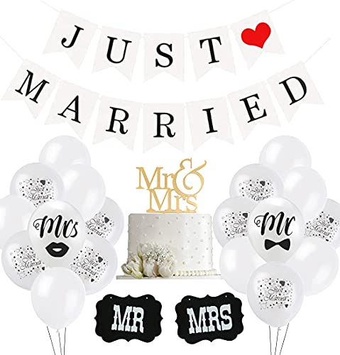 Just Married Hochzeit Deko Set, 30 Weiß Ballon, 10 Just Married Luftballons, 2 Schilder MR und MRS, 1 Just Married girlande banner für Heiratsantrag Hochzeit Fest Party Dekoration