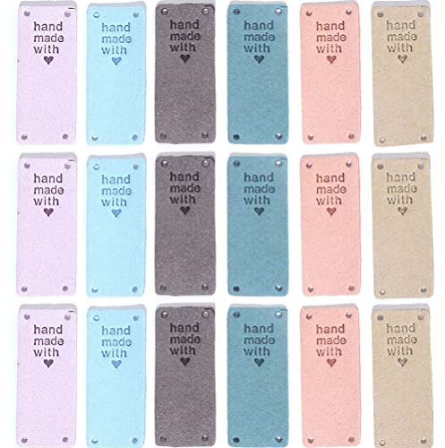 MiaLover 30 Stück PU Handmade Label Handmade Schreibwaren Labels zum annähen Handgemacht EinnäHen Textiletiketten Labels Verzierung Strickzubehör mit Löchern für DIY-Kleidung, 2x5cm, 6 Farben