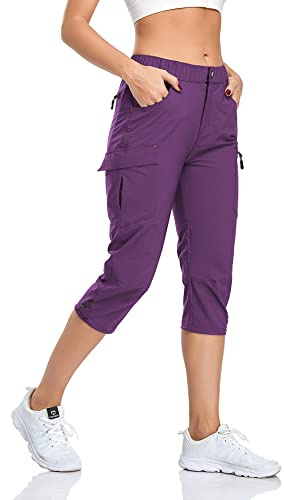 GymBrave Pantalon cargo de randonnée pour femme à séchage rapide Capris de camping extérieur résistant à l'eau UPF 50 avec poches à fermeture éclair, violet, capri taille M