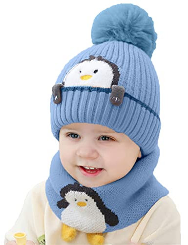Rayson Bonnet Écharpe Set Hiver Enfant Bébé Tricoté 2 Pièces Garçon Fille Chaud Chapeau avec Pompon et Cercle Écharpe Crochet Cache-Cou Ensemble (Bleu)