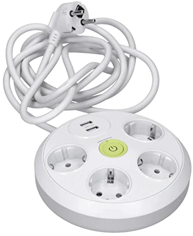Voxura 4-Fach USB (max. 3,4A) Mehrfachsteckdose rund Schuko weiß mit EIN- und Aus-Schalter & Kabel 3m Zuleitung Überspannungsschutz
