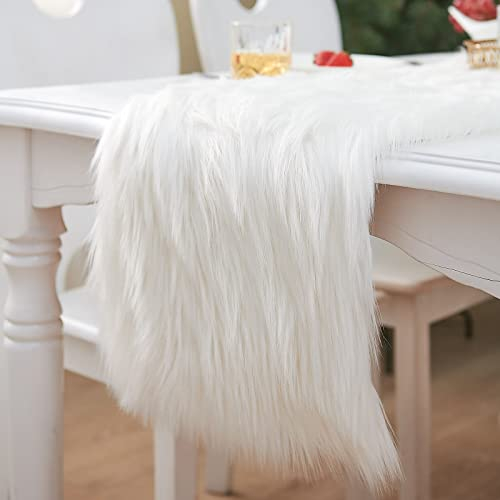 Pontedinvoy Kunstfell Modern Tischläufer - Deko Fell Tischläufer Weiß,Weihnachten Tischläufer für Weihnachten ,Hochzeit,Home Esstisch, Schminktisch, Couchtisch Moderner Tischläuf (30x180cm)