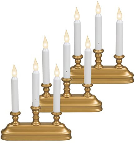 Xodus Innovations FPC1330B-3 Battery Operated 10 inch Window Candles with Tilt to Change Flame Color and Dusk to Dawn Light Sensor Timer with 3 Candle Candelabra Base (Pack of 3), Gold/Antique Brass
