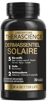 DERMASSENTIEL SOLAIRE | 3 en 1| Prépare la peau au soleil, la protège et prolonge le hâle | Cure 1 mois | Huile de bourrache | 5 bioactifs antioxydants | 30 Comprimés | Laboratoire THERASCIENCE