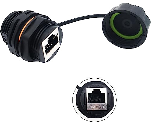 CTRICALVER Conector RJ45 Impermeable, Conectores de cable LAN Ethernet CAT6A blindados, acoplador de extremo hembra a hembra de montaje en panel industrial con tapa impermeable/polvo (1 PCS)