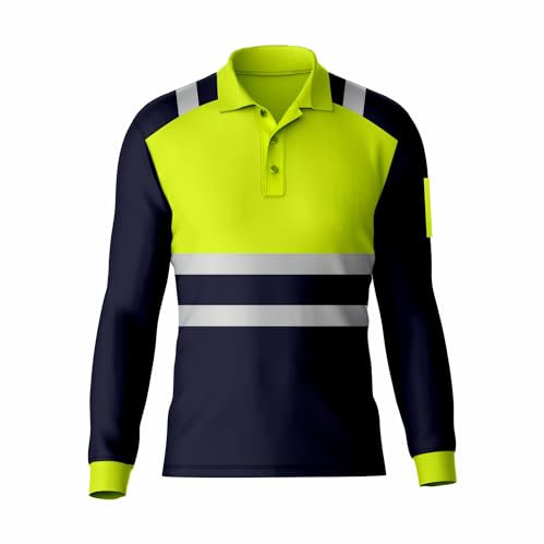 Mens Hi Vis High Visibility Reflective Tape Safety Contrast Polo Shirt Long Sleeve Workwear Tee Tshirt Top Yellow Navy
