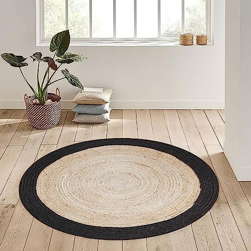 CASAVANI Collection Circle Area Rug – 90 cm runder schwarzer natürlicher geflochtener Jute-Teppich, geometrischer Kelim-Teppich, für drinnen und draußen, Matte, Flachgewebe-Teppiche für Schlafzimmer,