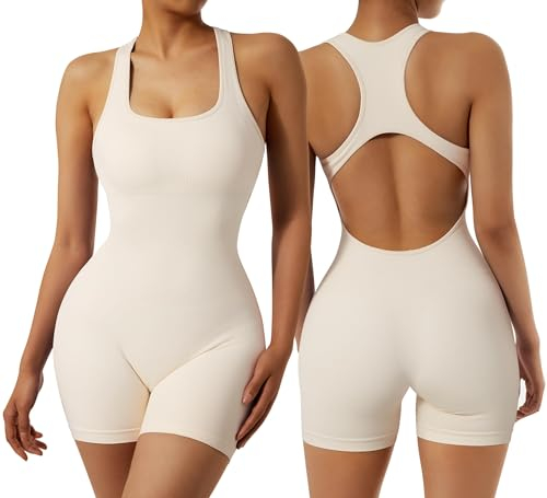 RXRXCOCO Gerippte Jumpsuit Damen Eng Tank Rückenfreie Padded Overall Bauchweg Kurz Yoga Sport Einteiler Romper Aprikose S