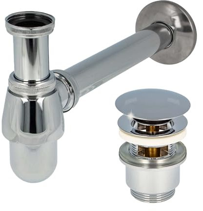 tecuro Siphon extra lang mit Pop Up Ablaufventil verchromt - Universal Set für Waschtisch/Waschbecken