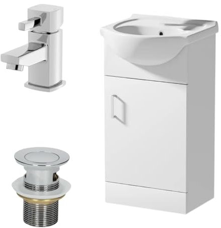 Affine® 450mm Bathroom Vanity Unit Ceramic Sink Floorstanding Storage Cabinet Cupboard & Misa Basin Tap & Waste Set, White Gloss