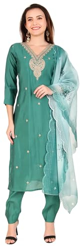Ladyline Salwar Kameez Anzug aus Maslin Seide Cutwork Stola Organza Dupatta Gold Pailletten, Blaugrün (KG), 70