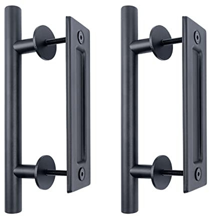 Xaztr 2 Pack Black Sliding Barn Door Handle, 30cm Double Sided Door Handle Push Pull Carbon Steel Rustic Style Hardware Set for Barn Door Gates Garages Sheds, Round