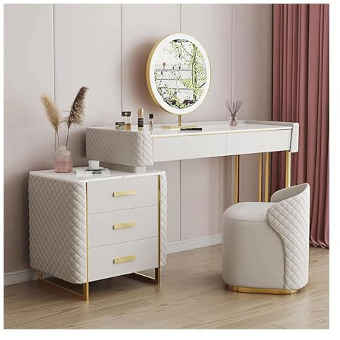 Schminktisch mit LED-beleuchtetem Spiegel-Set, einfacher Luxus-Schminktisch, Beistellschrank und 5 Schubladen für Schlafzimmer, Schminktisch, EAN