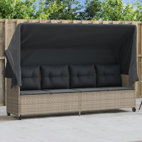 Keyroto Gartensofa mit Dach Sonnenliege mit Dach Sofa Balkon Gartensofa mit Sonnendach und Kissen Poly Rattan Hellgrau