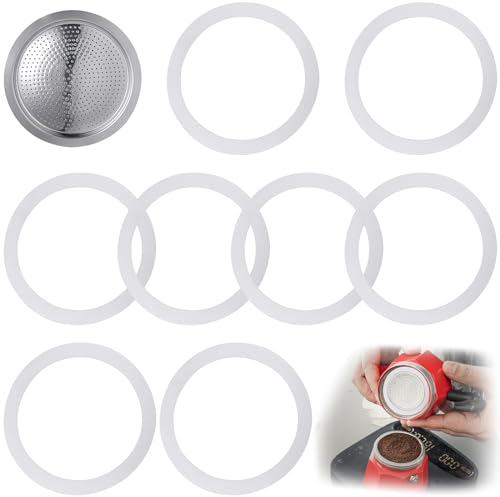 BuleXP 8 Pezzi Guarnizione per Caffettiera + Filtro in Acciaio Inox Guarnizioni di Ricambioin Silicone per Bialetti Espresso Moka Caffettiera Pentole-3 Tazze