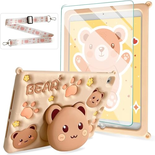 ACEMO Silikon Hülle für iPad 9 Generation 10,2 Zoll mit Displayschutz, Bären Ständer Kinder Hülle für Mädchen,Verstellbarer Schultergurt,Stoßfest Niedlich Schutzhülle für iPad 8/7 Gen