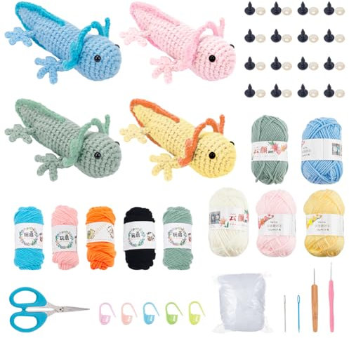 FREEBLOSS 4 Set Axolotl Häkelset, Salamander Häkelpuppenset, Häkeltierset, Häkelsalamander Mit Videoanleitung, Häkelset Für Anfänger Und Erwachsene, 5 Fädiges Garn