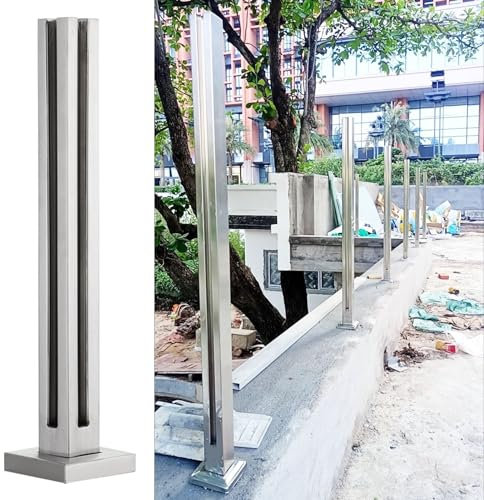 Glas Geländerpfosten Glasgeländersystempfosten für Außenplattformzaun, Metall-Glas-Balustradenpfosten mit Schrauben und Sockeln, Glashalterung für Balkonzäune(Color:Silver-Corner Post,Size:H-80cm/31.5