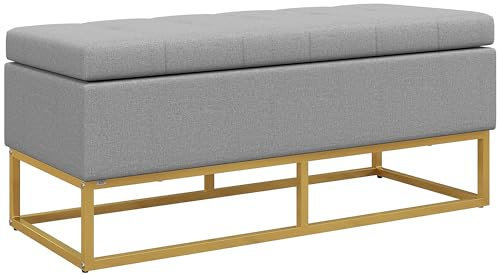 HOMCOM Banc de Rangement, Bout de lit, Coffre de Rangement avec Assise capitonnée et Pieds en Acier, 110 x 44 x 48 cm, Gris et doré