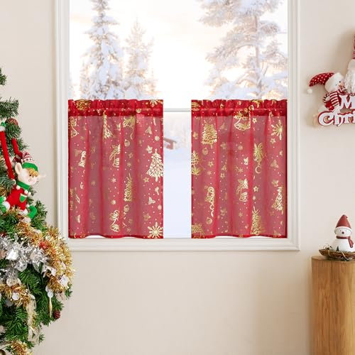 PONY DANCE Rideaux Voilages Noel - Voilage Rouge 60x90cm Semi-Transparents, Motifs de Noël, Rideu Passe Tringle, Décoration Moderne pour Fenêtre de Salon Chambre Cuisine, 2 Pièces