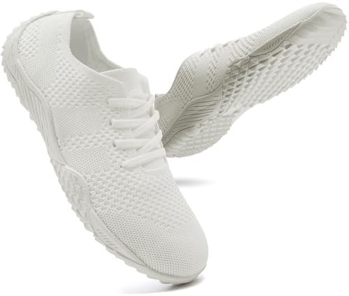 UNQWQZ Barfussschuhe Damen Weich Turnschuhe Hallenschuhe Atmungsaktiv Laufschuhe Trainlaufschuhe Bequem Sportschuhe Barfußschuhe Fitnessstudio rutschfest Weiss 41