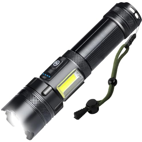 ASORT LED Taschenlampe LED Aufladbar 2000 Lumen, Extrem Hell zoombar Taktische Taschenlampen, Hauptlicht + SeiteLampe 7 Lichtmodi, IPX67 Wasserdicht für Outdoor, Camping,Wandern,Notfälle