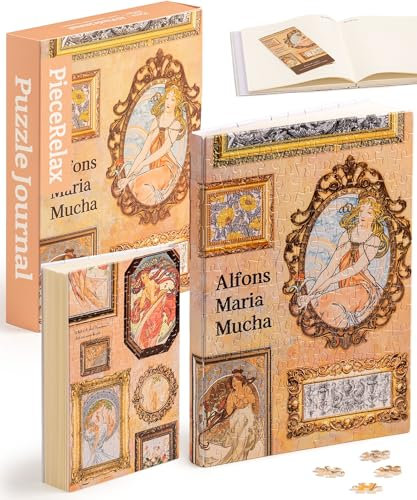 PieceRelax Puzzle Journal for Adults - Alphonse Mucha - The Art Palace Unique A5 Book Cover Puzzles Gift & Home Décor with Plastic Jigsaw Puzzle Artwork for Notebook [YA1058]