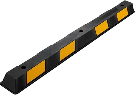 Wiltec Radstopper 165 x 16 x 10 cm, Einparkhilfe aus Gummi, Parkplatzbegrenzung mit gelben Reflexionsstreifen & Schraubrillen, Parkplatzsperre für Garage