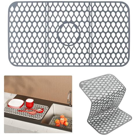 BORISCA Nero Tappetino in Silicone per Lavello, 65x33cm Protezione Lavello Cucina, Resistente al Calore e Antiscivolo, Tappetino per Lavello Cucina per Cucina e Bagno, Pieghevole, con Foro di Scarico