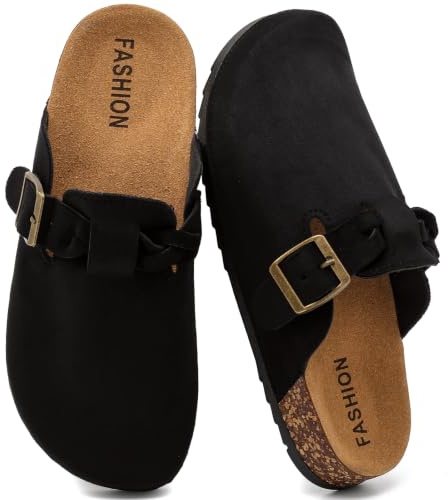 DDXYYDS Women's Suede Clogs Mens Leather Mules Comfort Cork Footbed Sandals with Arch Support and Adjustable Buckle Black