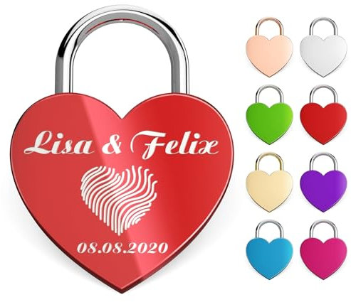 Metzler® Herzschloss mit Gravur und Herzschlüssel in Rot – personalisiert mit Namen und Datum – wetterfestes Liebesschloss aus Metall inklusive Samtbeutel – romantisches Geschenk für Paare