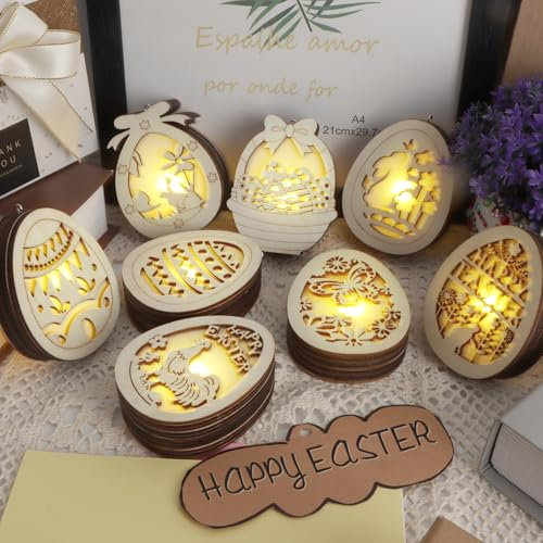 8 Stück Holzanhänger Ostern LED Dekoleuchte aus Holz, Ostern Basteln Holz, Hängende Eiform Holzdeko Deko Beleuchtet für Oster Party Dekorationen(8 Muster)