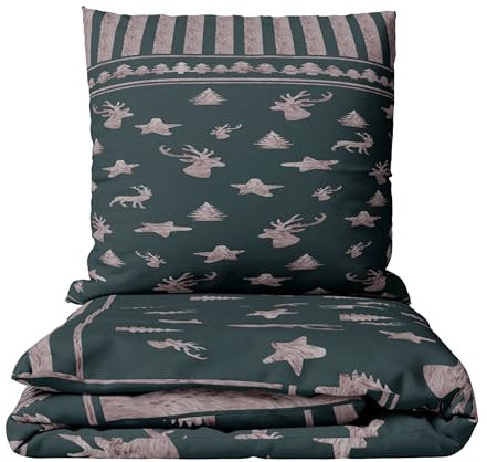 Leonado Vicenti Fleece Bettwäsche 135x200 cm Dunkelgrün Grau Winterbettwäsche 4 teilig mit REH & Tannenbaum Muster Kuschelig & Warm Mit Verdecktem Reißverschluss