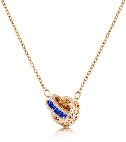 Linawe Sapphire Blue Interlocking Double Circle Necklace for Women, Moissanite Imitation Diamond Crystal Birthstone Rhinestone Pendant Necklaces, Rose Gold Stainless Steel Chain