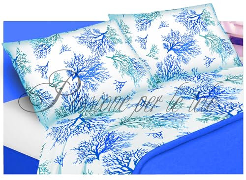 Passione per le tele COMPLETO LETTO CORALLO BLU LINEA ZOOM. LENZUOLA E FEDERE STAMPA CORALLO TEMA MARINO (BLU, MISURA FRANCESE)