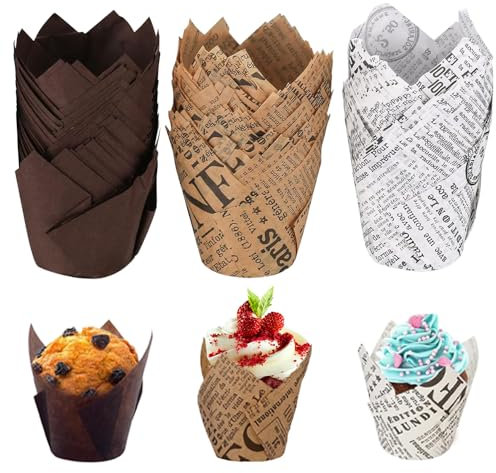 Tulip Cupcake Cases, 150 PCS Tulip Muffin Cases, Muffin Cupcake Liners, Baking Paper Cups, Greaseproof Muffin Cups for Baking Christmas Wedding Birthday Party Vintage Style