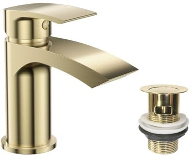 VeeBath Cascade Mono Basin Mixer Tap – Rounded Edge Design, Brushed Brass Finish, G1/2 Inlet with Pop-Up Waste, Single Lever, Deck Mounted, Modern Bathroom Tap, Sink Mixer with 1 Hole