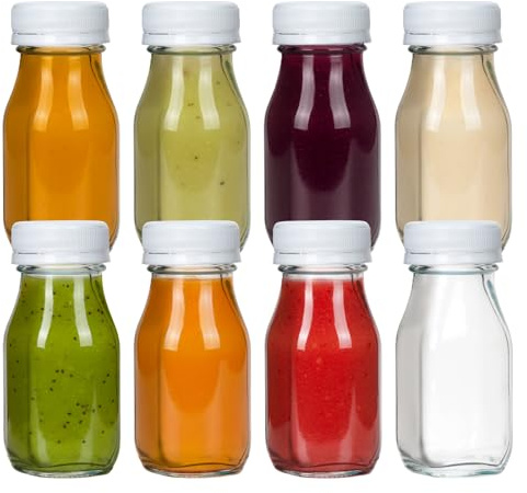 EkkoVla 8 Pack 100ml Small Glass Bottles with Lids | Leakproof Reusable Juice Shot Bottles for Ginger Shots, Homemade Drinks, Picnics & Travel, Includes Mini Labels
