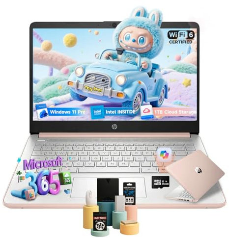 HP Computer portatile 2025 da 14 pollici, processore Intel N150, 16 GB di RAM, 384 GB di memoria (128 GB UFS+256 GB MSD), Windows 11 Pro, Copilot AI, Wi-Fi 6, webcam, oro rosa