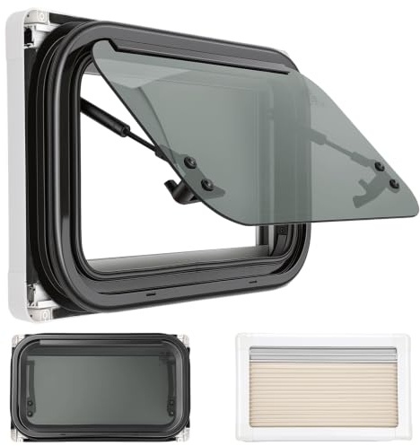 BAOCHADA Fenêtre battante pour camping-car - 500 x 300 mm - Avec rideaux de protection solaire et moustiquaire -fenêtre extérieure à pousser à 85° Pour camping-car, caravane, fourgon, van