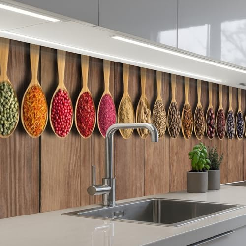 KitchenYeah© Spritzschutz Küchenrückwand Selbstklebend Küche Rückwand | 80x500 cm - Küchenwand Wand Küchenfront Verkleidung Küchenspritzschutz Löffel - Kräuter - Holz