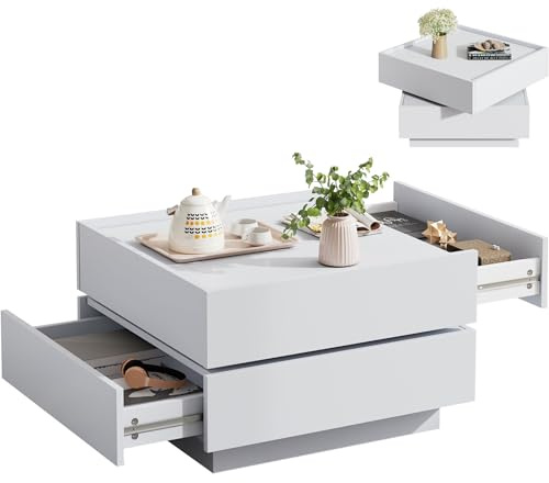 SEEDWAVE Couchtisch mit 360° drehbarer Ober-Tischplatte, 60x60 cm Sofatisch in Weiß, modern und quadratisch, mit 2 grifflosen Schubladen, Wohnzimmertisch mit Stauraum