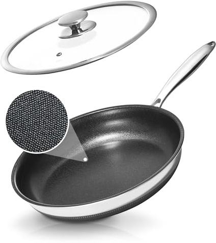 KOKHUB 24cm Non Stick Frying Pan, Titanium Ceramic Tri-Ply Stainless Steel | PFAS & PFOA Free, Non Toxic, Skillet Cooking Pan with Lid, Oven Safe, Compatible with All Cooktops