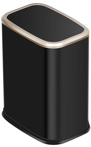 8L Small Bathroom Bin with Swing Lid,Slim Trash Bin for Bedroom,Black Gold | Removable Inner Bucket,Stainless Steel Bathroom Wastebasket