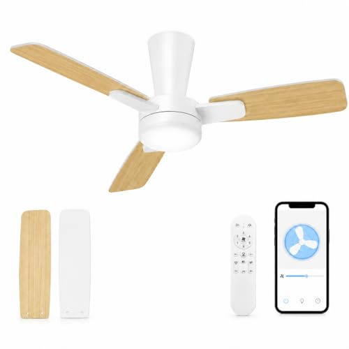Mefine Ventilador de Techo con Luz Inteligente 106 cm, WiFi y App, Motor DC Silencioso, Mando a Distancia, LED Regulable, 6 Velocidades, Temporizador, Función Verano Invierno, Madera Amarilla/Blanco