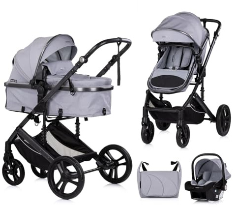 Chipolino Kinderwagen 3 in 1 Amore Babyschale Adapter Wickeltasche Fußabdeckung hellgrau