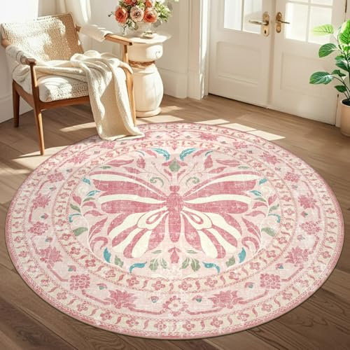 TUKDAK Tappeto Rotondo A Farfalle Per Soggiorno 120 cm, Rosa Lavabile, Stile Boho, Antiscivolo, Morbido A Pelo Basso. Ideale Per Camera Da Letto, Ufficio, Sala Da Pranzo, Cucina E Stanza Dei Bambini