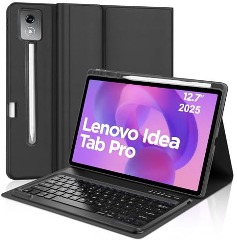 Funda con Teclado para Lenovo Idea Tab Pro 12.7 Pulgadas, Teclado Bluetooth Desmontable Inalámbricocon con Funda Delgada y Ranura para Bolígrafo para Tablet Lenovo Idea Tab Pro 2025 12.7-Negro